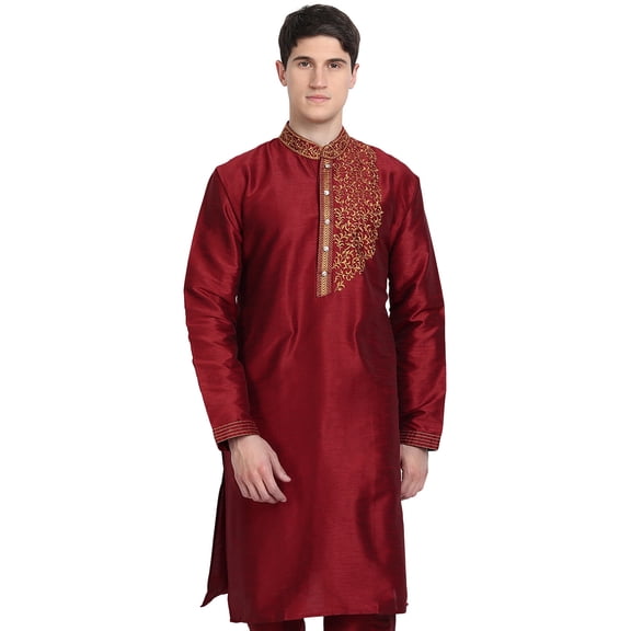 SKAVIJ Men's Tunic Art Silk Long Shirt Embroidered Casual Kurta (Medium, Red)
