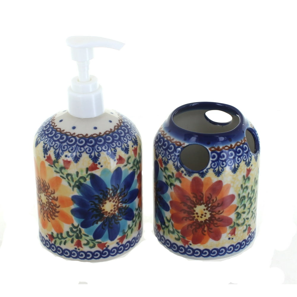 Blue Rose Polish Pottery Autumn Burst Soap Dispenser & Toothbrush Holder