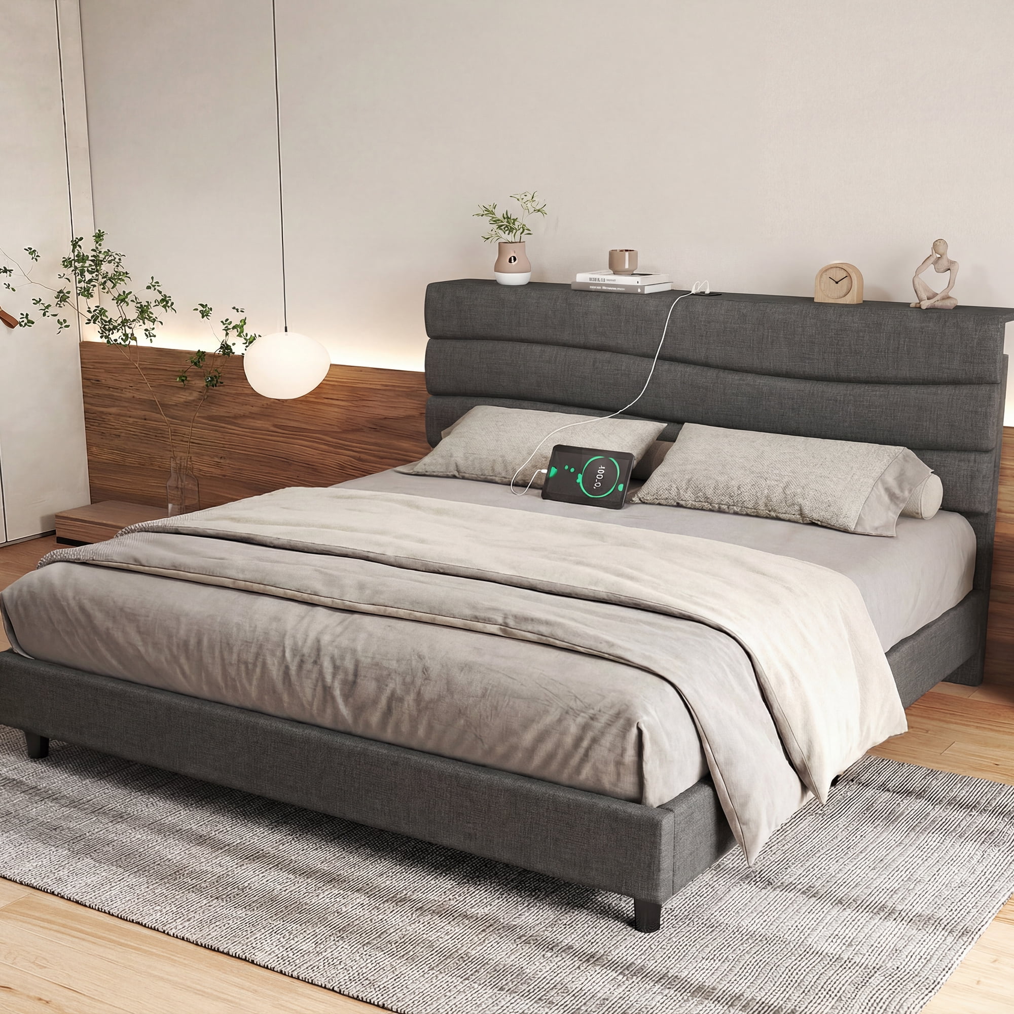 King Size Bed Frame with Storage Platform Upholstered Bed Frame with Adjustable Headboard & Charge Station,Gray