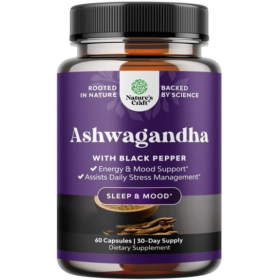 Natures Craft 1300mg Ashwagandha Root Capsules, Relaxation and Mood Support Supplement, 60 Ct
