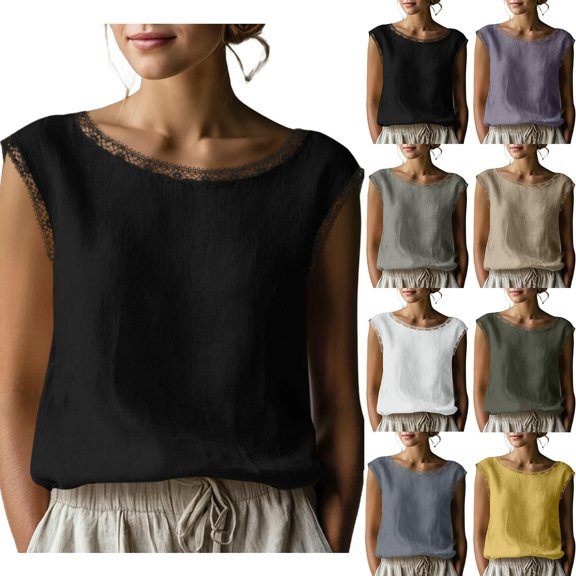GERsome Womens Tank Tops Lace Trim Summer Vacation Casual T-Shirts Loose Fit Sleeveless Crew Neck Shirts Black Size L