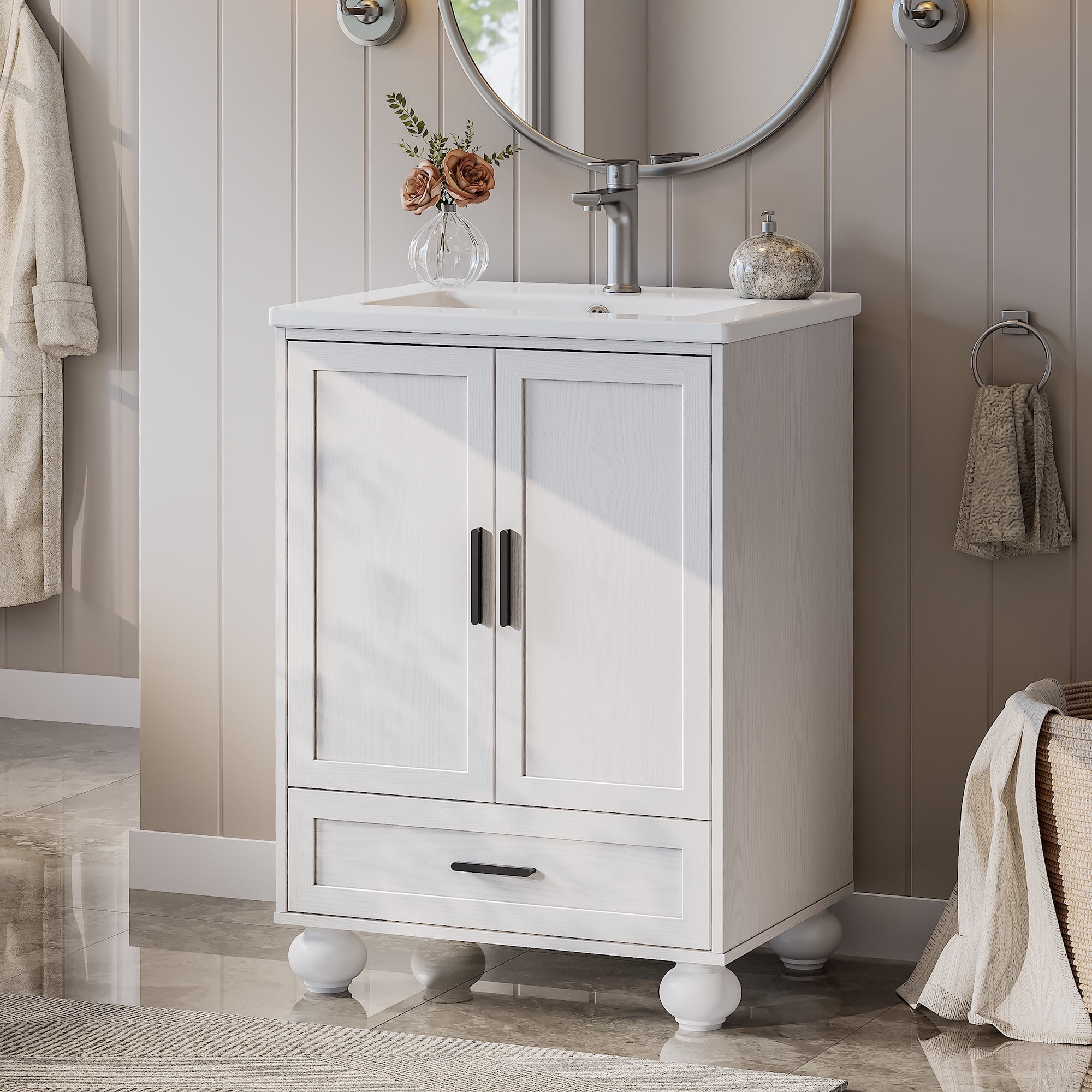 LIKIMIO 24" Bathroom Vanity with Ceramic Sink Combo, White Bathroom Storage Cabinet with Drawer, 4 Solid Legs, Adjustable Shelf, Freestanding Wooden Modern Bathroom Cabinet