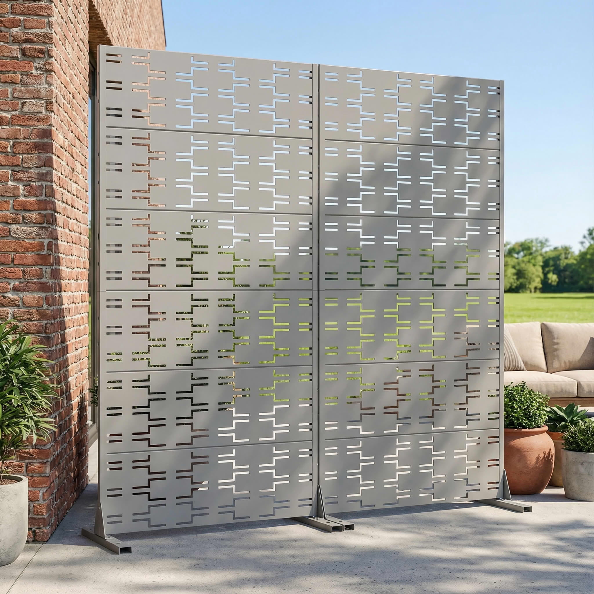 MAYEERTY 2-Piece Outdoor Metal Privacy Screen 6ft × 3ft Gray, 6-Panel Brick Pattern Decorative Screen for Garden