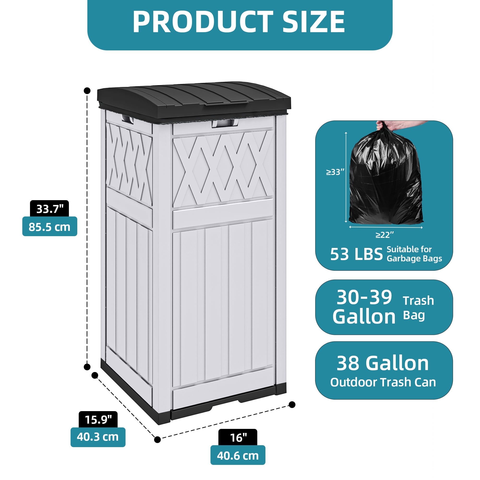 Uforic 32 Gallon Outdoor Trash Can, Waterproof Resin Garbage Bin with Lid & Drip Tray for Porch Backyard Patio, White & Black