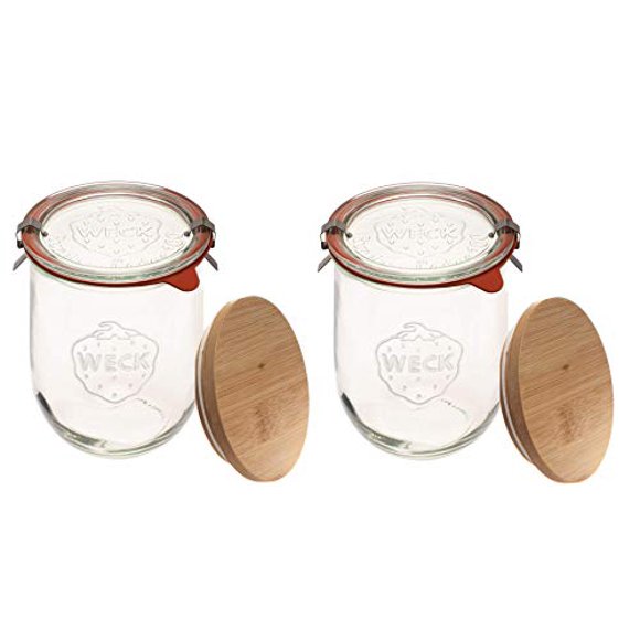 Weck Jars Pots - Weck Tulip 1 Litre - Pots de Départ pour Pâte Sure - Grands Pots en Verre pour Levain - Pot Tulipe à Grand Ouverture - Convient à la Mise en Conserve et au Rangement - (2 Pots, Couvercles en Verre et Couvercles en Bois)