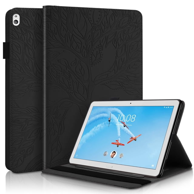 Tree of Life Embossed Case for Lenovo Tab m10 Stand, Card Slots, Stylus Loop Black