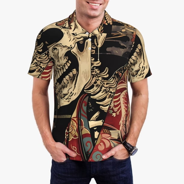 Balery Gothic Eastern Floral Skull Camisa Polo de Hombre con Estampado, de Manga Corta y Tejido Medio, Camisa Tipo Golf Polo-Small