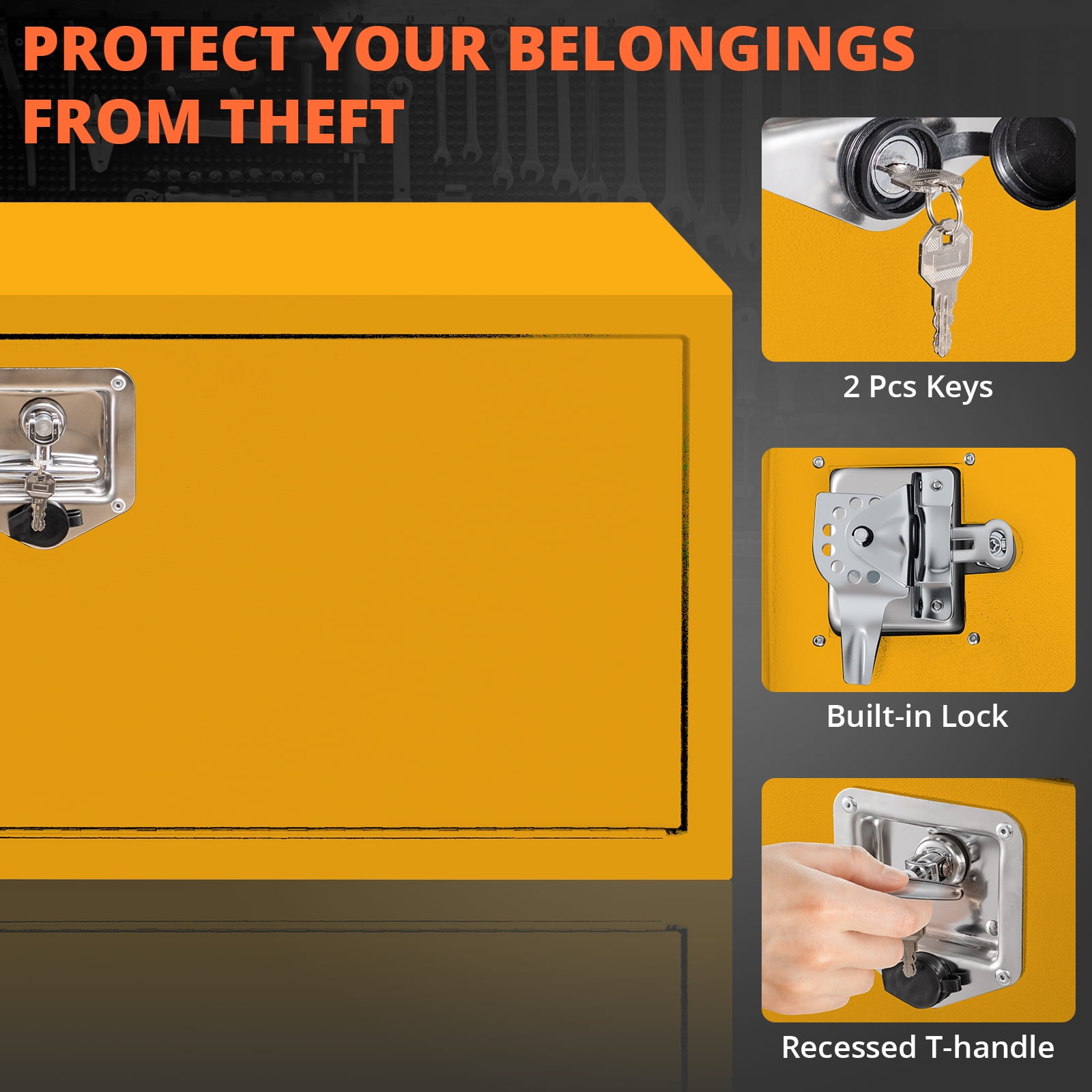 36x14x16 Inch Steel Lockable Waterproof Heavy-Duty Underbody Truck Tool Box for Tools, Under Truck Mounted Space-Saving Design, Yellow