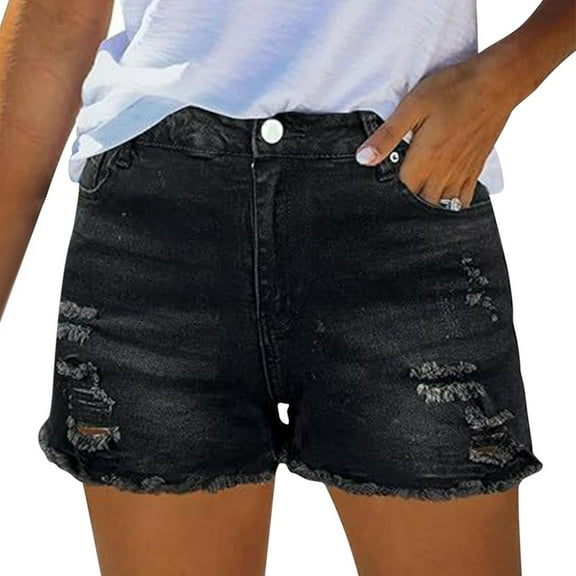 FUNUONY Jean Shorts Womens High Waisted Stretchy Mom Two Buttons Frayed Raw Hem Ripped Denim Shorts Distressed Shorts for Women Denim Pants Womens Jeans Spring Break Fashion Beach Vacation Clothes Su