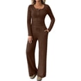 thumbnail image 2 of Women'S 2 Piece Matching Lounge Sets Fall Outfits Henley Neck Sweater Top Wide Leg Pants Sweat Suits Dark Brown L, 2 of 9