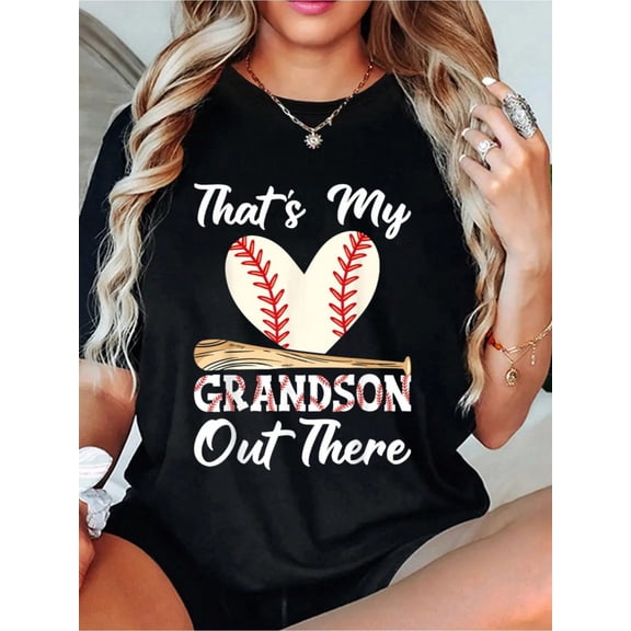 That'S My Grandson Out There Baseball Grandma Mother'S Day T-Shirt Women T Shirt, Short Sleeve Round Neck Casual Top For Summer & Spring, Women'S Clothing