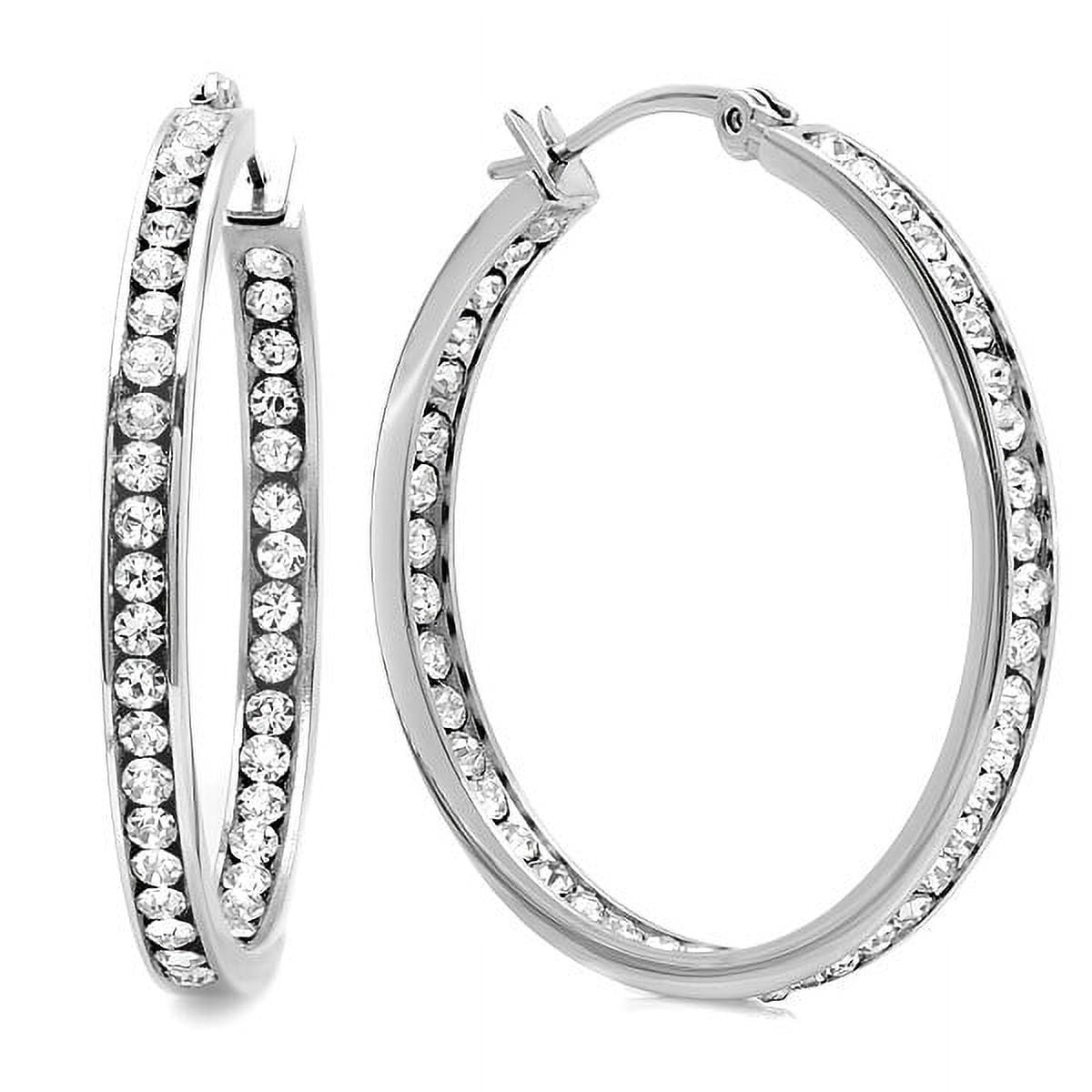 Steeltime Ladies 18K Rose Gold Plated Stainless Steel Hoop Earrings Adorned with Cubic Zirconia Diamonds