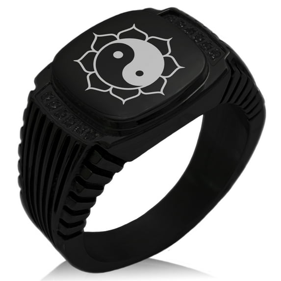 Stainless Steel Sacred Lotus Yin Yang CZ Ribbed Needle Stripe Pattern Biker Style Polished Ring