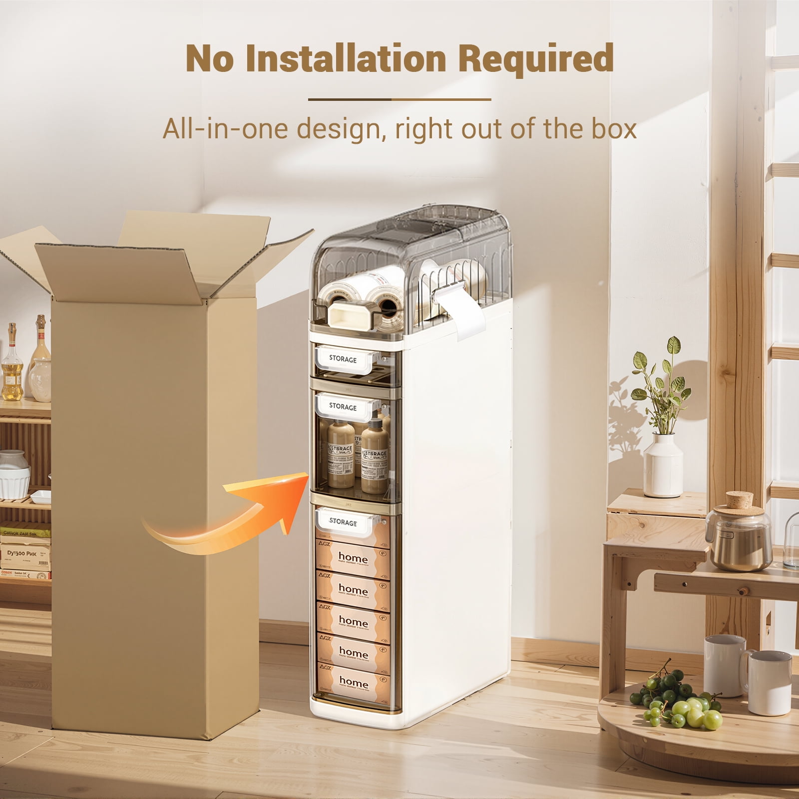 Narrow Storage Cabinet,4 Tier Slim Bathroom Organizers and Storage with Drawers & Tissue Box,Plastic Bathroom Cabinet for Small Space,Bathroom,Kitchen,Laundry