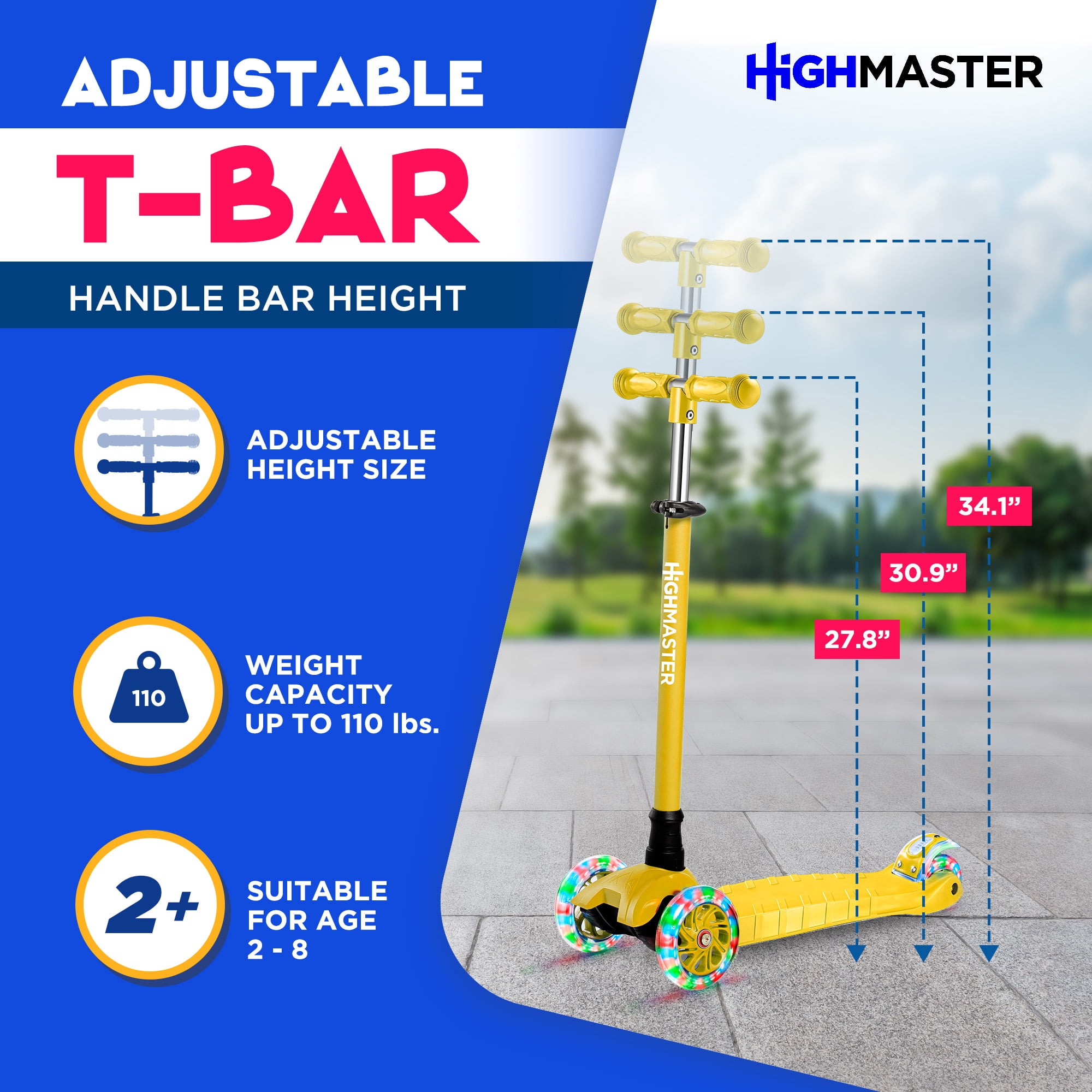 Highmaster 3-Wheel Toddler Scooter for 2 to 8 Year Old boy - 3 Wheeled Kids Scooter with Light Up Wheels, Safe and Fun Ride for Kids - Yellow