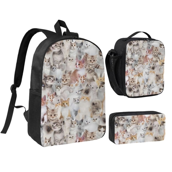 Cute Cat Backpack Set 3pc ,Backpack with Lunch Bag and Bag 17 Inch