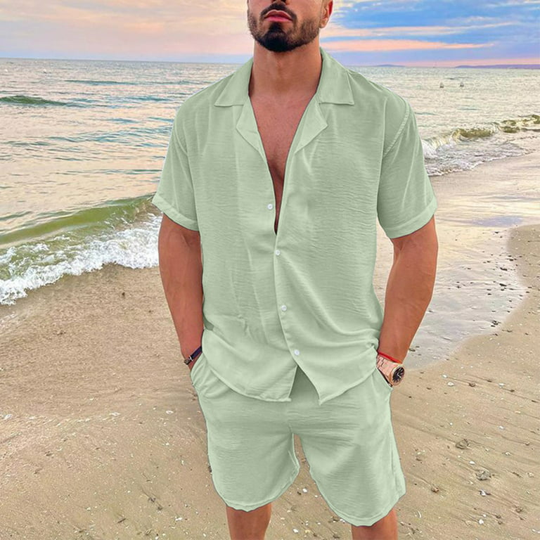 Sngxgn Men 2 Piece Short suits Outfits Men's 2 Piece Short Sets Casual  Corduroy Button Down Shirt Shorts Set Summer Beach Outfits 2023 Pink 2XL 