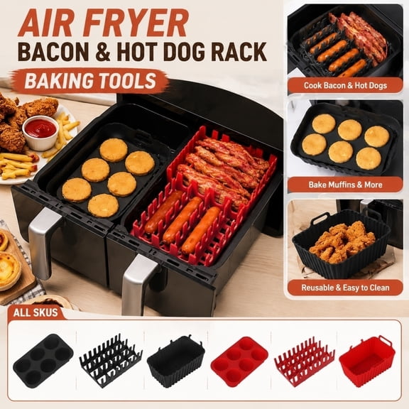 Air Fryer Accessories, Silicone Air Fryer Liners, Air Fryer Rack, Silicone Muffin Pans for Baking, 3-Piece Black Rectangular Set Includes Reusable Silicone Baking Tray, Bacon Hot
