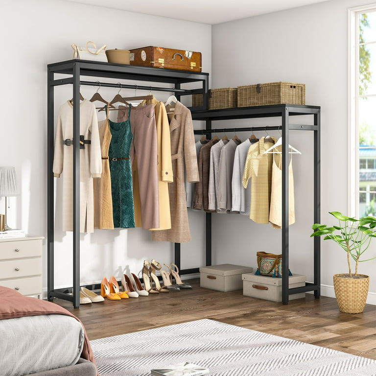 Heavy Duty Garment Racks Clothes Rack with Storage Shelves and Double  Hanging Rod,Metal FreeStanding Closet Organizer White Walnut Finish