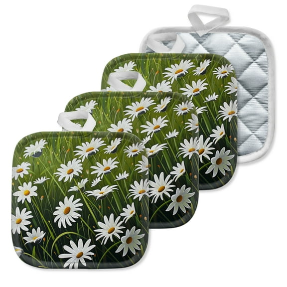 4 Pack Pot Holders,Kitchen Essential, Potholder Set,Field Of Daisies In A Lush Green Meadow