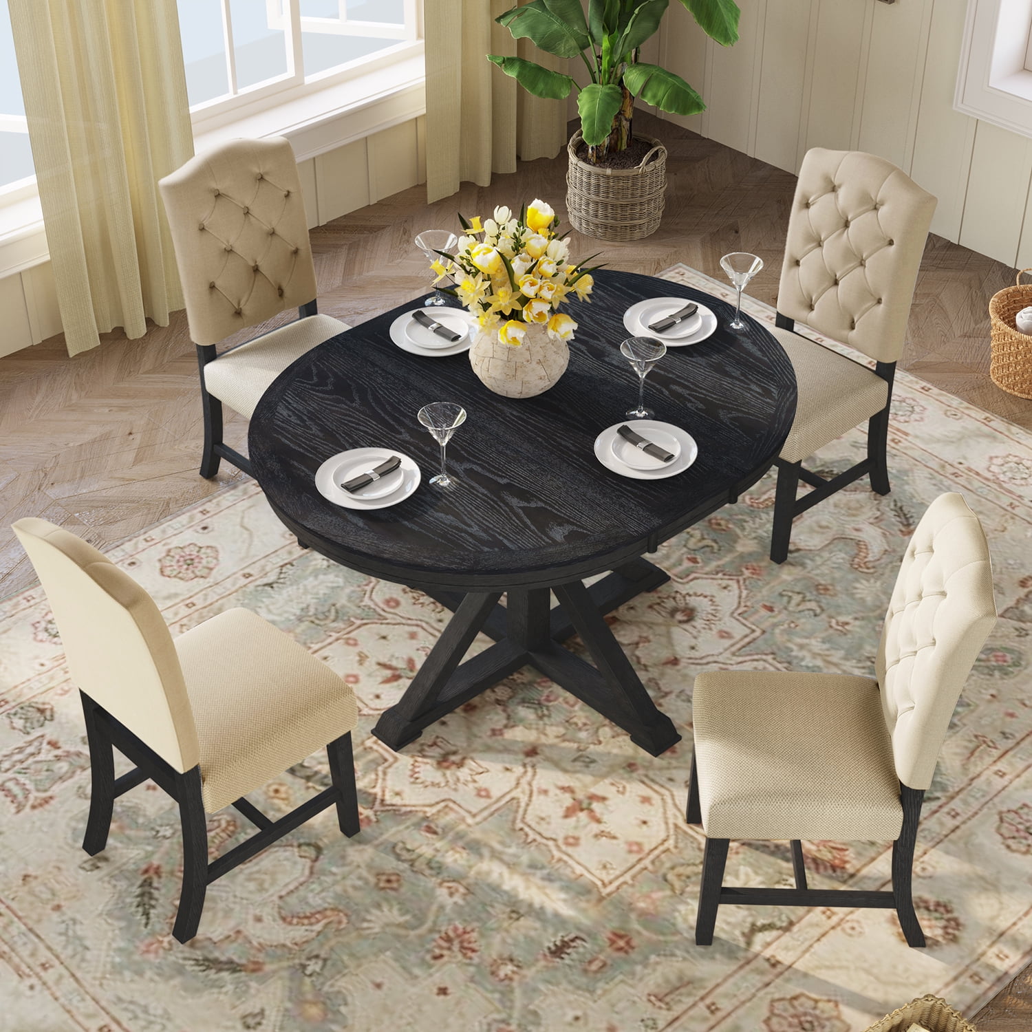 Kadyn Retro Style Dining Table Set, Solid Wood Kitchen Table Set with Extendable Table and 4 Upholstered Chairs, Farmhouse Dining Table Set for Kitchen, Espresso Kadyn Retro Style Dining Table Set, Solid Wood Kitchen Table Set with Extendable Table and 4 Upholstered Chairs, Farmhouse Dining Table Set for Kitchen, Espresso