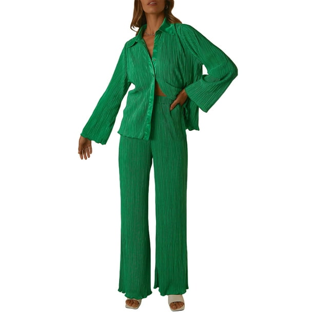 VISgogo, conjunto de ropa informal de 2 uds para mujer, estampado de flores/patrón abstracto, botones de solapa, camisas de manga larga, Tops con pantalones largos sueltos VISgogo moda