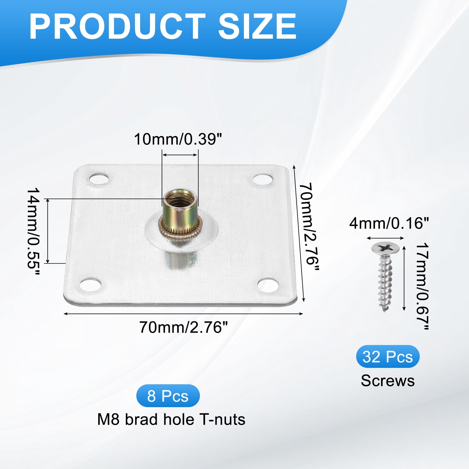 8Pack M8 Brad Hole t Nut, 70mm/2.8inch Square Base Weld Nuts Flange Insert Female Thread with Mounting Screws for Wood Furniture