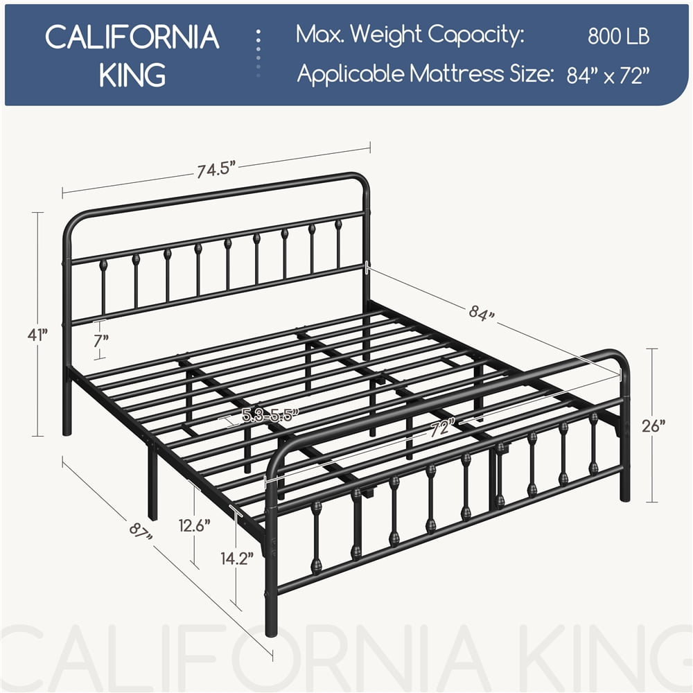 Alden Design King Size Classic Iron Platform Bed with High Headboard and Footboard, Black