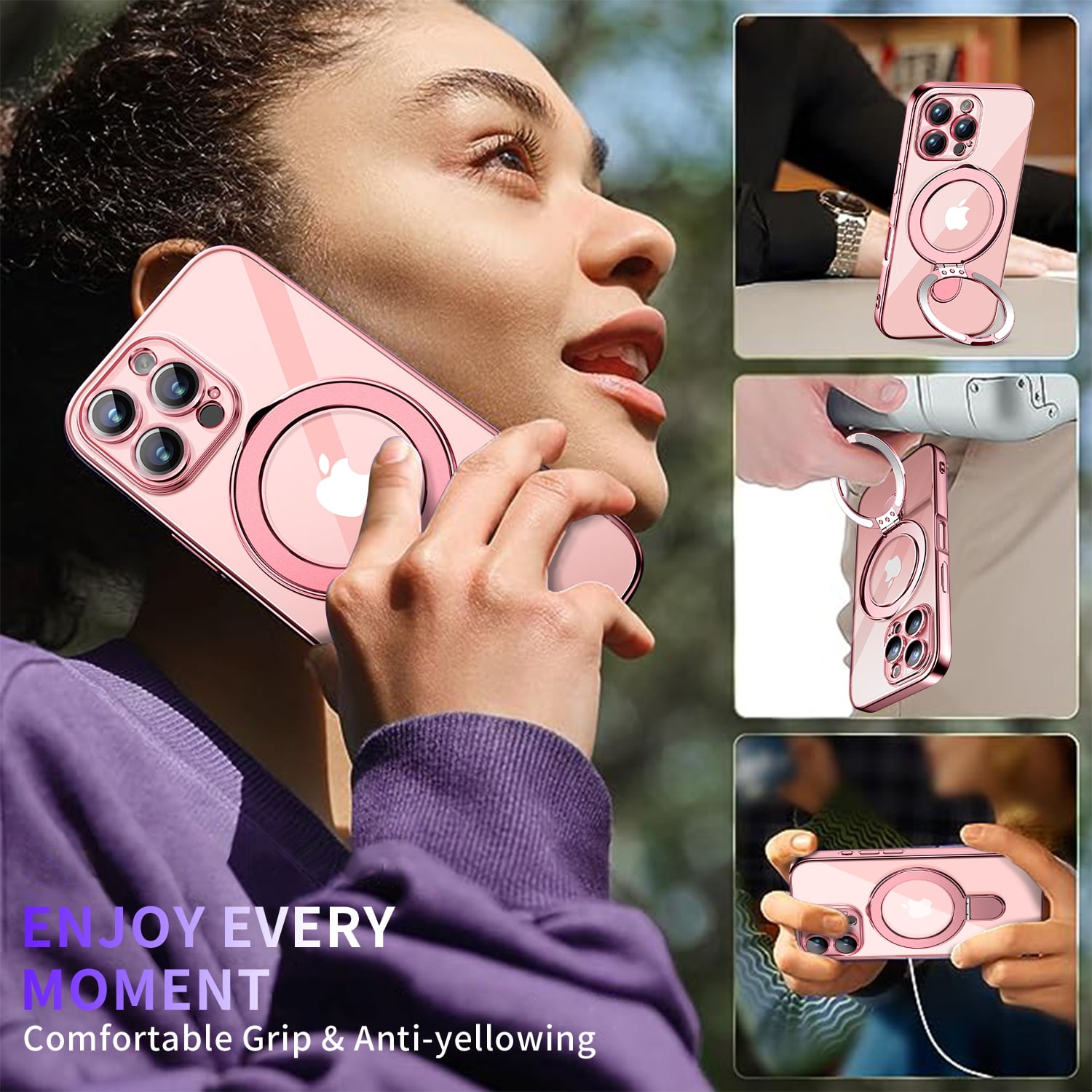 JETeacka Magnetic for iPhone 16 Pro Case with Invisible Kickstand, MagSafe Compatible Camera Protection Shockproof Not Yellowing Slim Soft Cover, Pink