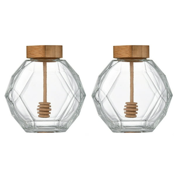 2 tarros de miel de vidrio, prácticos y transparentes, para almacenar alimentos.