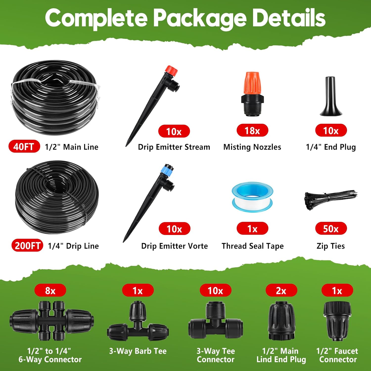 240FT 2025 Upgraded Drip Irrigation - Quick-Connect, 1/2"&1/4"Tubing, Adjustable Emitters