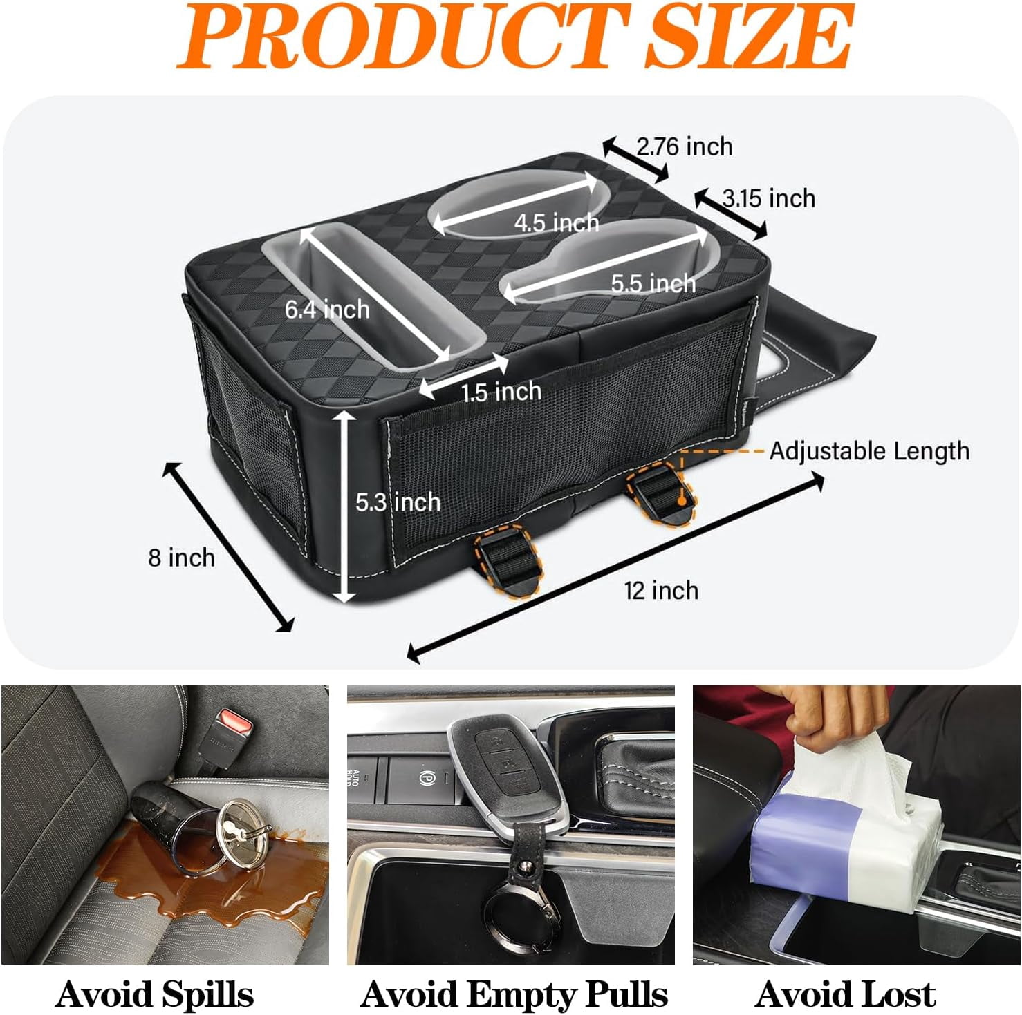 Auto Center Console Cup Holder Organizer, Universal PU Leather Armrest Storage Box with Tissue Holder & Side Pockets, Multi-use for Car Front/Back Seat, Truck, RV, Boat