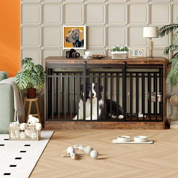 55" Extra Large Dog Crate Furniture, Dog Kennel House Heavy Duty Metal Wooden Dogs Kennel Indoor Dog Cage with Sliding Door and 2 Bowls for Medium Large Dogs TV Stand Decorative Pet House End Table