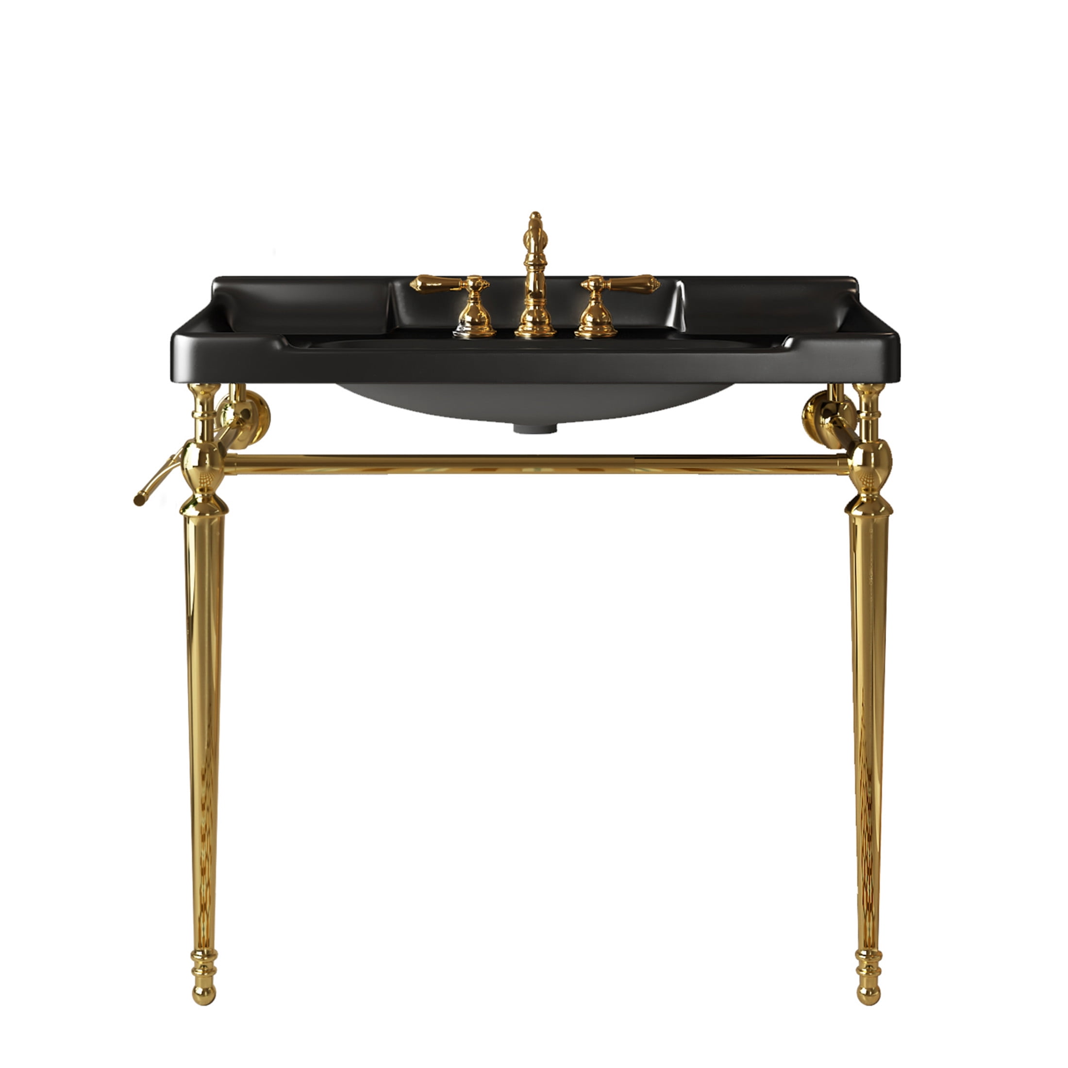 Noble House VICI 36" Bathroom Console Sink, Wall-Mounted Ceramic Basin Vanity with Stainless Steel Legs, Black & Gold