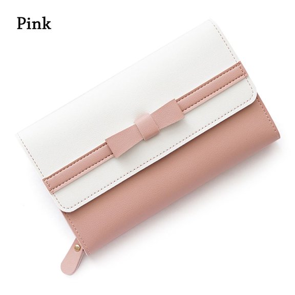 Female Women PU Leather Sweet Bowknot Money Bag Purse Card Holder Wallets PINK