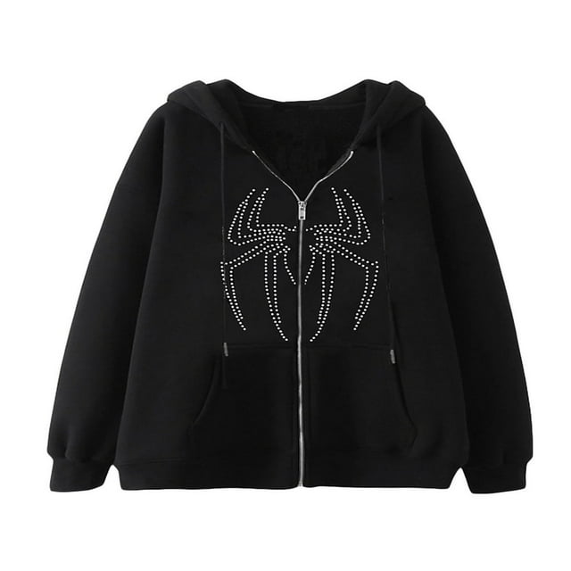Women Rhinestone Zipper Hoodie Sweatshirts Long Sleeve Zip Up Drawstring Hoodie Oversized Jacket with Pockets Black Spider‘s Web L