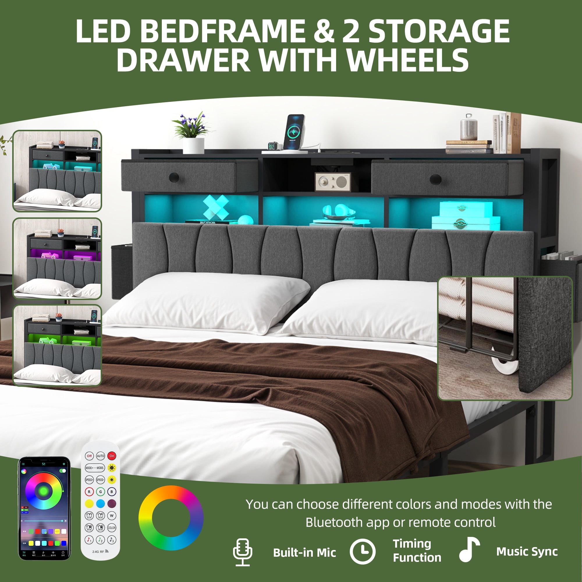 Uforic Queen Upholstered Bed Frame with Charging Station, LED Platform Bed with Storage Drawers,Gray