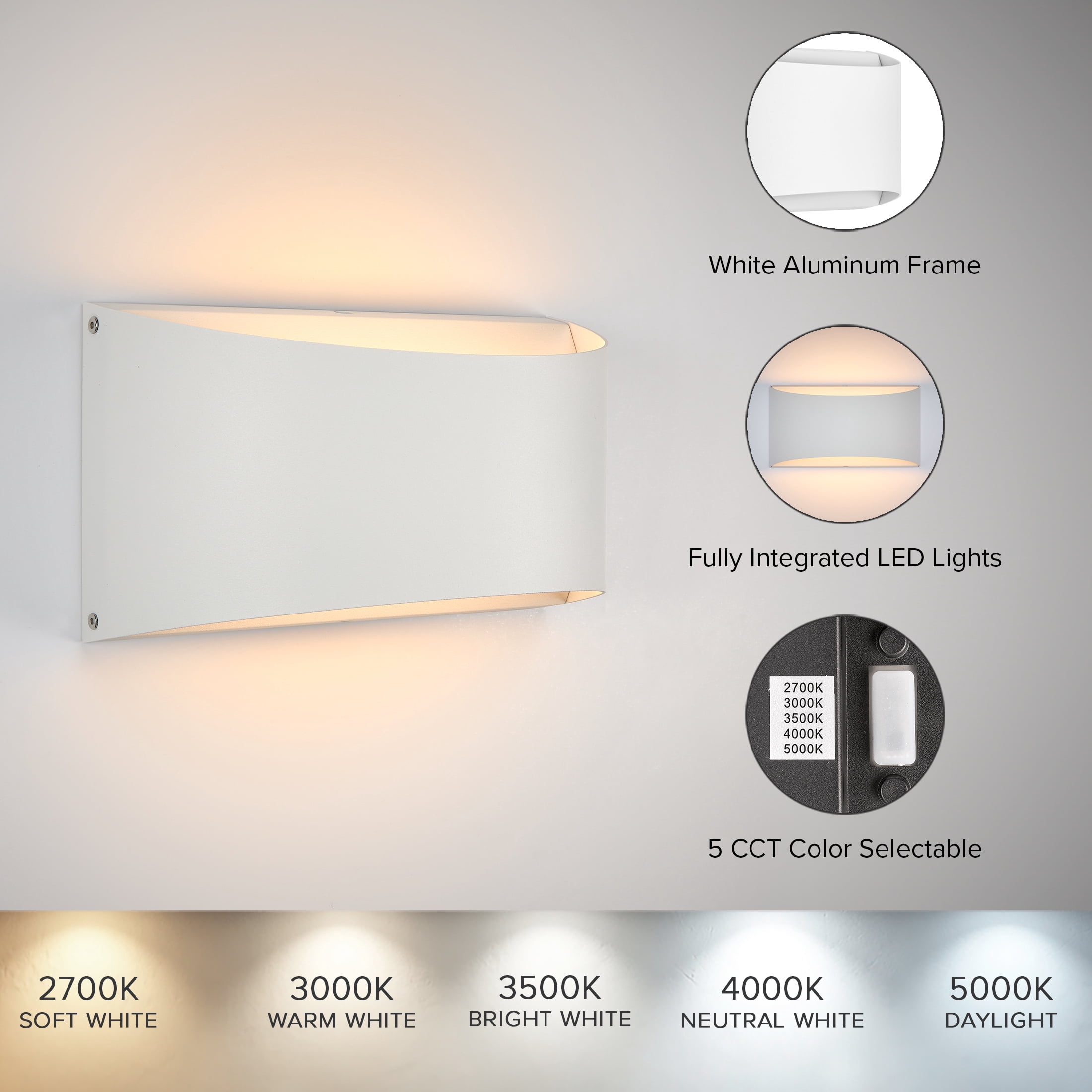 Maxxima LED Up/Down Outdoor Wall Light, Modern Dimmable Sconce, 12 Watts, 800 Lumens, 5 CCT 2700K-5000K, White