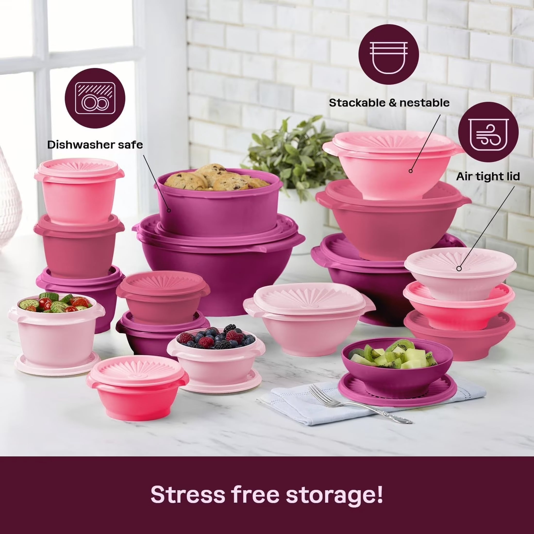 Tupperware Heritage Food Storage Containers with Lids, Pink (36 Count)