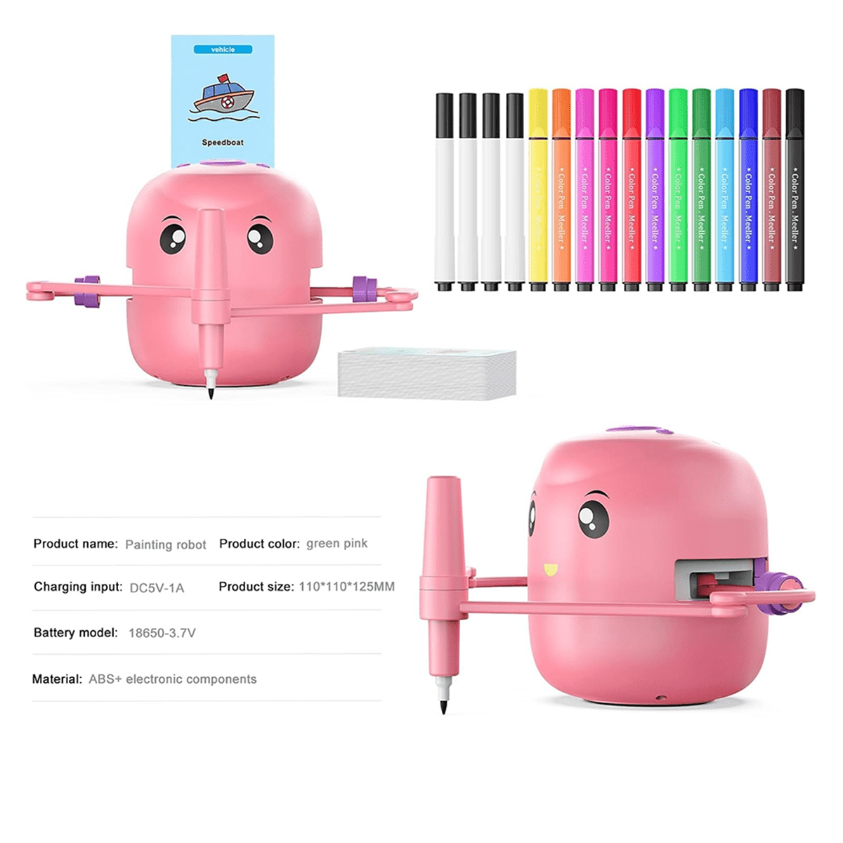 Children'S Intelligent Painting Robot, an Ideal Gift for Children over 5 Years Old,Pink,1 * drawing robot 16 * colored pens 100 * word cards,Pink