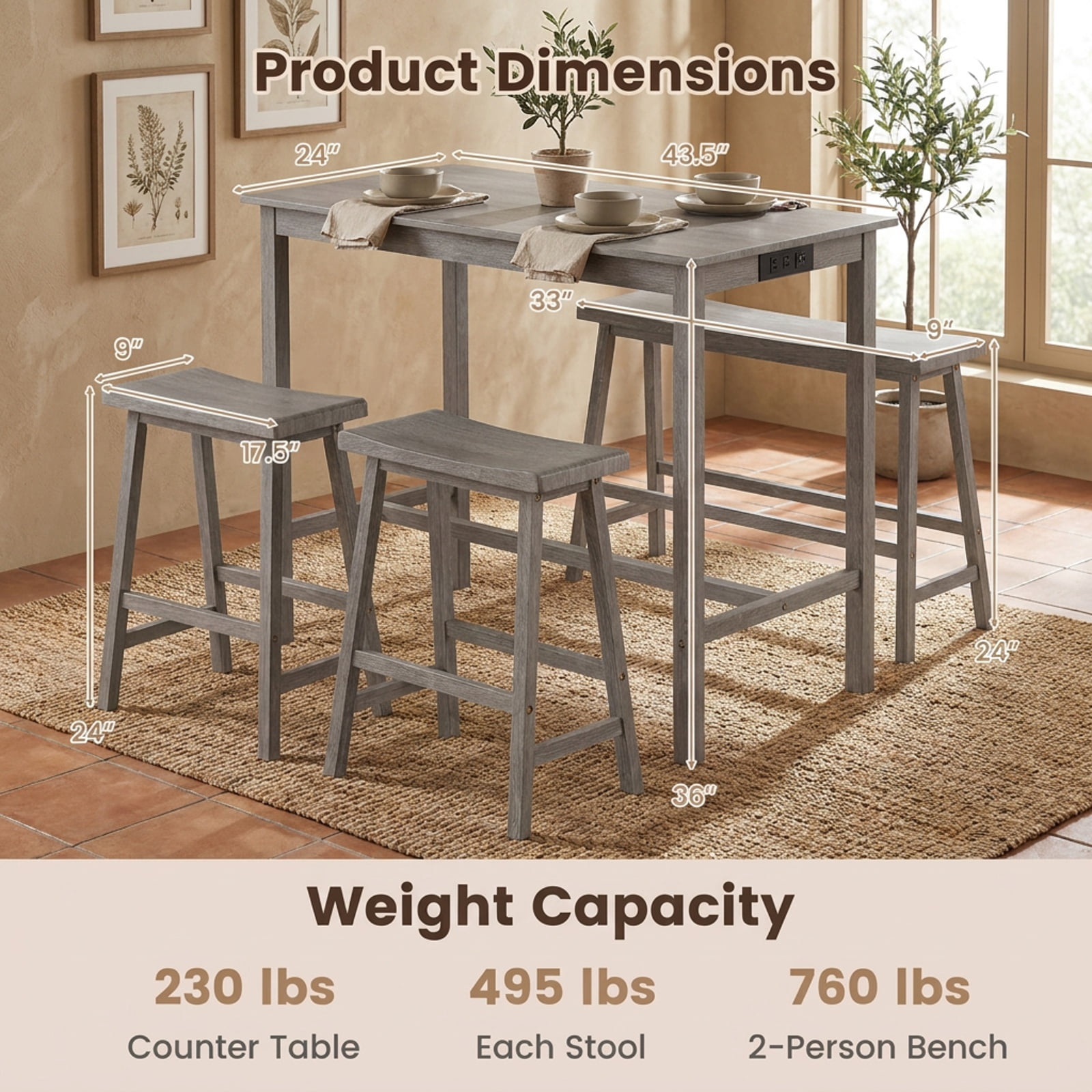 Furnibear 4-Piece Counter Height Dining Table Set with Power Outlet Solid Rubber Wood Kitchen Table for Kitchen Dining Room Breakfast Nook Home, Gray