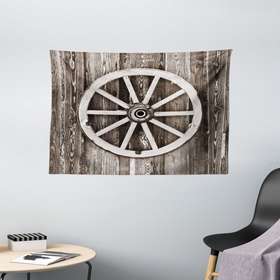 Barn Wood Wagon Wheel Tapestry, Retro Wheel on Timber Wall Barn House Village Cart Circle, Wall Hanging for Bedroom Living Room Dorm Decor, 60W X 40L Inches, Dark Brown and White, by Ambesonne