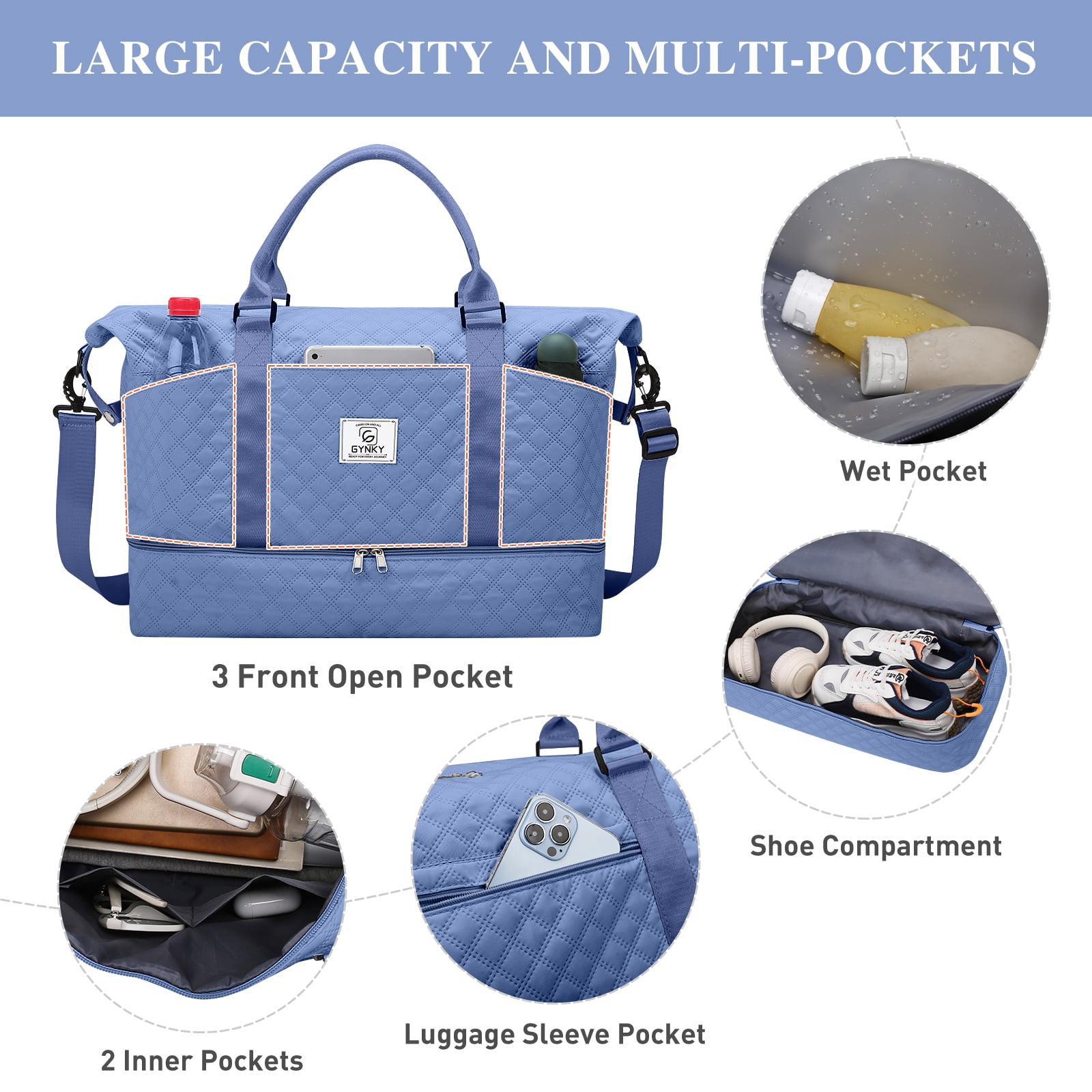 Gynky Travel Duffle Bag Weekender Bags for Women with Shoe Compartment Carry on Overnight Bag Gym Duffel Bag with Wet Pocket Hospital Bags for Labor and Delivery