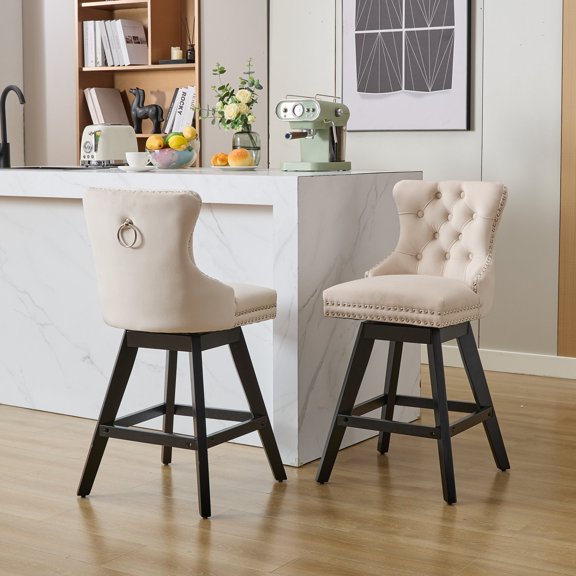 Set of 2 Swivel Bar Stools, Velvet Upholstered Button Tufted Barstools with Wooden Legs and Chrome Nailhead Trim, Beige Counter Height Stools for Kitchen Island, Dining Room