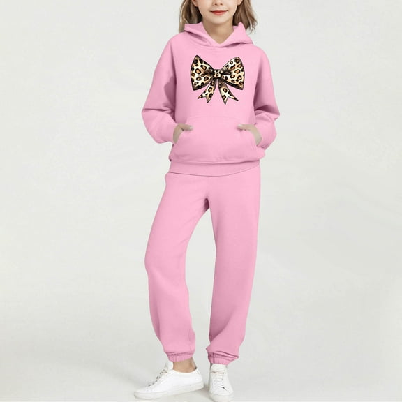 Eltusu Girls Outfit Sets, Long Sleeve Relaxed Fit 2 Pieces Printed Hoodies and Sweatpants Sets Pink Size 2-14 T