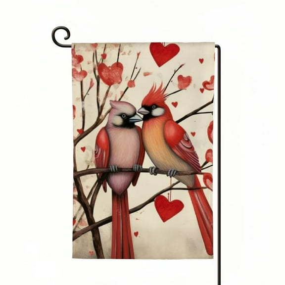 PHYHOO Valentines Cardinal Garden Flags for Outside Decoration, Valentine with Love Hearts Small Yard Flag, Seasonal Anniversary Wedding Farmhouse Holiday Outdoor Decor White