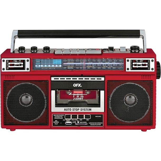QFX J-230BT Roja Radio Casetera Player Boombox con 4 Bandas de Radio, Bluetooth, USB, SD y Jack de Audífonos 3.5; Batería Recargable.