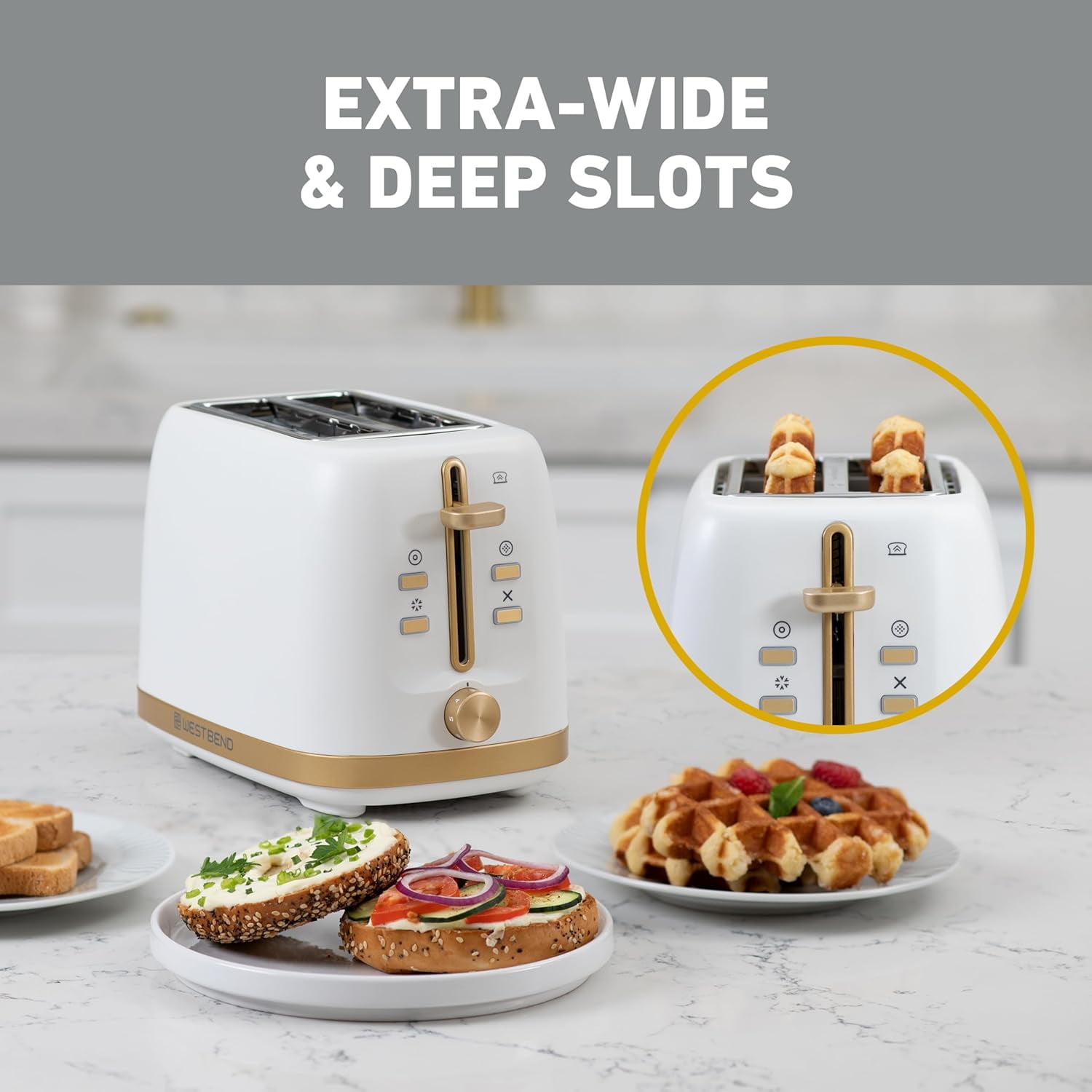 Timeless 2-Slice Toaster with 7 Browning Levels, Bal/Waffle/Defrost Settings, High-Lift Lever, Anti-Jam, Easy-Clean Crumb Tray, 2-Slice, White/Gold