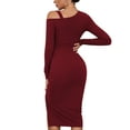 thumbnail image 2 of SWSMCLT Women's Long Sleeve High Split Bodycon Dress Sexy Drawstring Ruched Cold Shoulder Mini Dresses Burgundy Small, 2 of 5