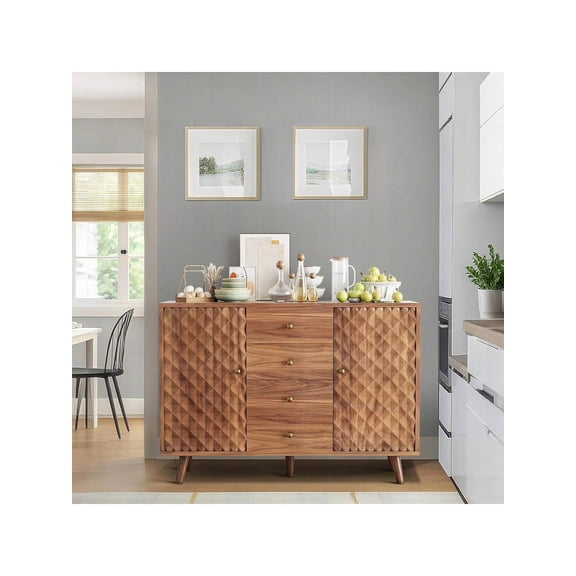 Brown 47inch Farmhouse Sideboard Buffet Cabinet Wood Storage Cabinet With 4 Drawers and 2 Doors Rustic Kitchen Buffet Dining Room Storage Living Room Console Buffet Table Sideboard Cabinet Hutch